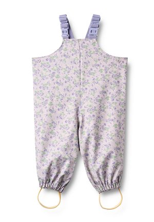 Børns blomsterprintet overaller med justerbare lilla stropper, elastiske manchetter og beige fodløkker på en hvid baggrund.