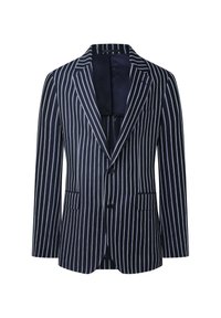 Marinblå randig blazer med vita vertikala ränder, två framfickor, noterade slag och en enkel knappstängning. Lättviktig tyg.