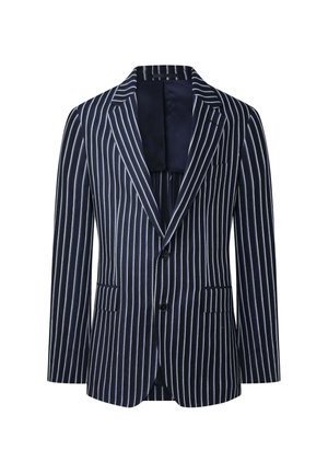 Blazer a righe navy con strisce verticali bianche, due tasche frontali, revers a punta e chiusura con un solo bottone. Tessuto leggero.