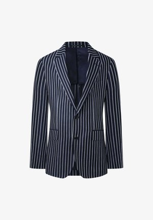 Masoni tummansiniset raidat valkoisilla pystyridoilla, joissa on kaksi etutaskua, viistetyt kaulukset ja yksittäinen nappikiinnitys. Kevyt kangas.