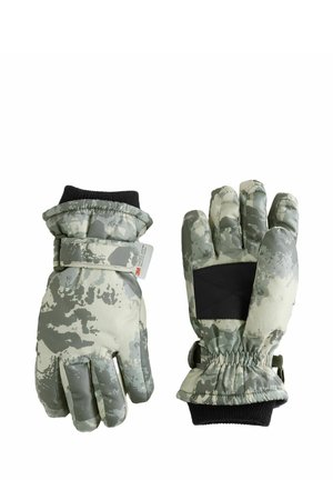 Isolierte Handschuhe im Tarnmuster mit Grau- und Grüntönen, einem gerippten Bündchen und einem sicheren Klettverschluss. Genoppte Handfläche für besseren Grip.