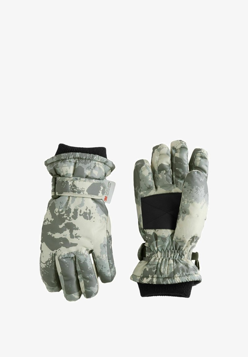 Isolierte Handschuhe im Tarnmuster mit Grau- und Grüntönen, einem gerippten Bündchen und einem sicheren Klettverschluss. Genoppte Handfläche für besseren Grip.