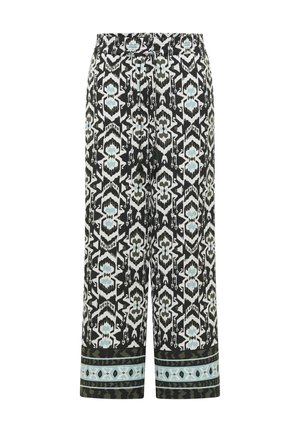 Hose mit weitem Bein in Schwarz, Weiß und Hellblau mit geometrischen und floralen Mustern, ausgestattet mit einem elastischen Bund und einem Kordelzug.