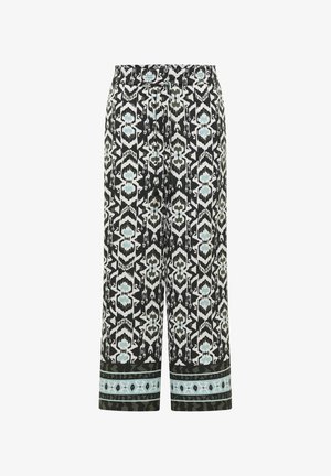 Pantalon à jambes larges avec motifs géométriques et floraux en noir, blanc et bleu clair, doté d'une taille élastique et d'un cordon de serrage.