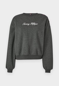 Grau Sweatshirt mit einem cropped Design, ausgestattet mit langen Ärmeln und gerippten Bündchen. "Tommy Hilfiger" ist in Weiß auf der Vorderseite gestickt.