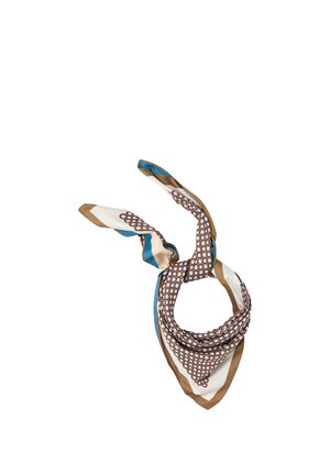 Quadratisches Seidentuch mit braunen, weißen und blauen geometrischen Mustern, locker gefaltet mit zwei nach oben ausgestreckten Ecken.