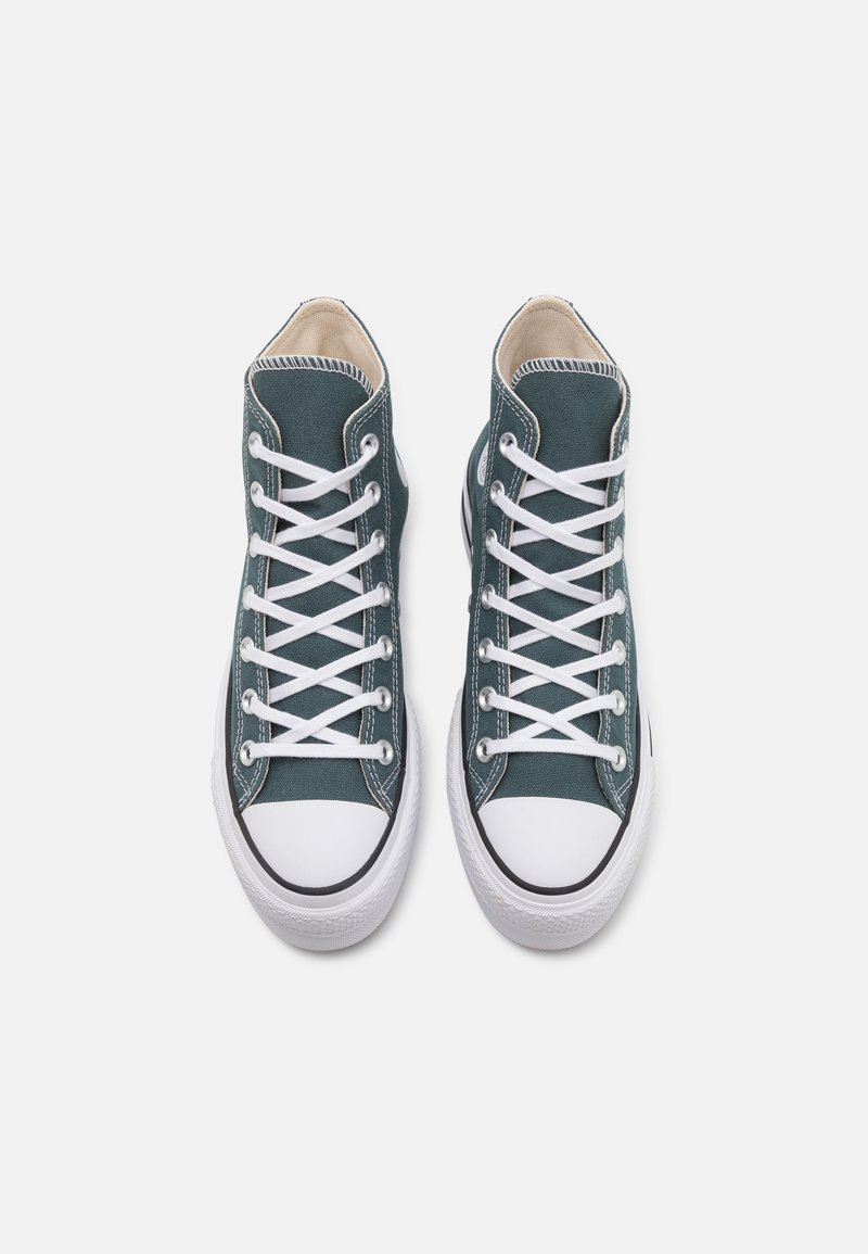 Baskets montantes en toile turquoise avec des lacets blancs, des accents noirs et des embouts en caoutchouc. Texture lisse et design classique.