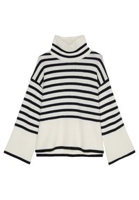 Sweter z golfem w paski w kolorze białym i czarnym. Posiada szerokie dzwoniaste rękawy, prążkowaną fakturę oraz luźny krój z kontrastowymi wykończeniami.