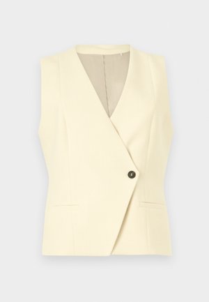 Gilet blazer sans manches de couleur crème avec un décolleté en V profond et une fermeture avant à simple bouton noir.