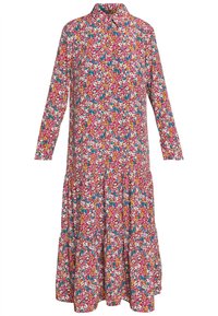 Abito midi floreale con colletto, maniche lunghe, orlo a strati e uno sfondo rosa vivace con fiori blu, gialli e bianchi.