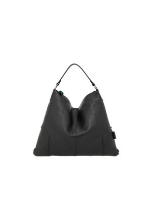 Borsa a spalla in pelle nera con una forma triangolare unica, design delicatamente plissettato e un manico superiore singolo con accenti metallici.
