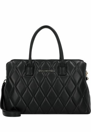 Schwarze gesteppte Lederhandtasche mit doppelten Griffen, goldfarbenen Beschlägen und abnehmbarem Schulterriemen. Mit einem geprägten Logo auf der Vorderseite.