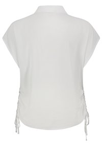 White shirt with a collar, short sleeves, and gathered detailing at the sides. Made from a smooth, lightweight fabric.