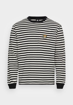 Langarm gestreepte shirt in zwart en wit katoen, met een borstzak met een geborduurd zonnebloemontwerp en een zwarte kraag.