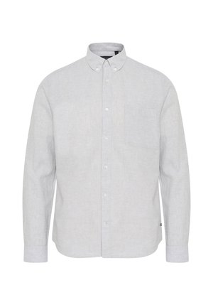 Light gray button-up shirt made of linen. Features a collared neck, long sleeves, and a single chest pocket with a subtle texture.