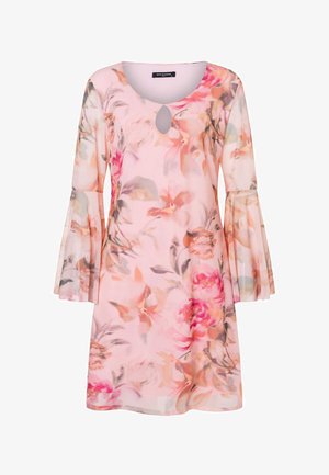 Rosa geblümtes Kleid mit langen, ausgestellten Mesh-Ärmeln und einem kleinen Tropfen-Ausschnitt unter dem abgerundeten Ausschnitt.