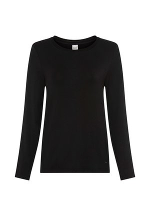 Zwart T-shirt met lange mouwen gemaakt van gladde stof, met een ronde halslijn en een klein logodetail aan de zoom aan de linkerkant.