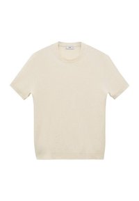 Sweter z krótkim rękawem w kolorze kremowym, wykonany z dzianiny o prążkowanej teksturze i okrągłym dekolcie. Prosty design bez dodatkowych wzorów czy akcentów.