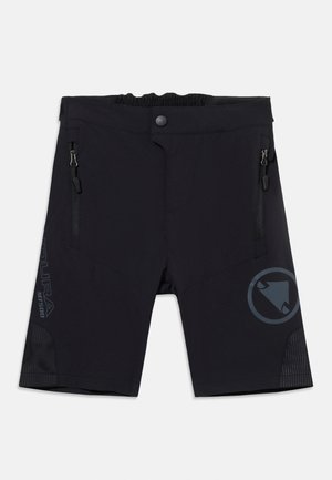 Czarne sportowe spodenki z przednimi kieszeniami na zamek, elastycznym pasem, zapięciem na zatrzask i subtelnymi logo na każdej nodze.