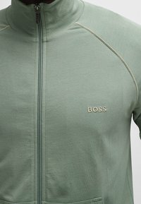 Lichtgroene jas met ritssluiting en hoge kraag, met beige stiksels en een klein geborduurd "BOSS"-logo op de borst. Zacht materiaal.