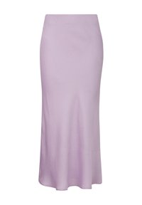 Lila midi-rok van textuurstof met een aansluitende taille en een uitlopende zoom. Heeft een gladde, subtiele geometrische patroon.