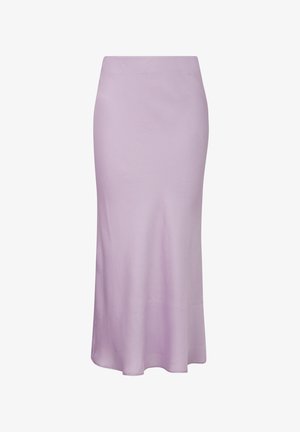 Lilafarbener Midirock aus strukturiertem Stoff mit taillierter Passform und ausgestelltlichem Saum. Verfügt über ein glattes, dezentes geometrisches Muster.