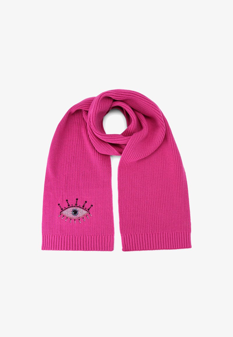 Écharpe en tricot rose avec des extrémités côtelées et un motif d’œil orné de cristaux. Texture douce, épaisseur moyenne et couleur vive.