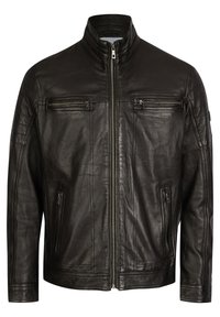 Schwarze Lederjacke mit hohem Kragen, frontaler Reißverschluss und zwei horizontalen Reißverschlusstaschen auf der Brust. Texturierte Schultern und Ärmel.