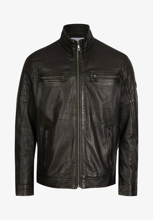 Schwarze Lederjacke mit hohem Kragen, frontaler Reißverschluss und zwei horizontalen Reißverschlusstaschen auf der Brust. Texturierte Schultern und Ärmel.
