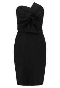 Robe noire sans bretelles avec un détail noué sur un côté, silhouette ajustée et texture de tissu lisse.