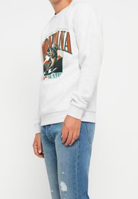 Man iklädd vit sweatshirt med stor färgstark fisk och texten "Iowa", kombinerad med ljusblå trasiga jeans, stående i profil.