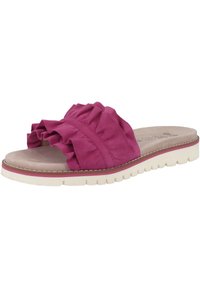 Fuchsia slide sandal with a ruffled top design, soft fabric material, padded insole, and textured white rubber outsole.