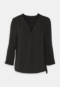 Svart långärmad blus med rund krage och sprund framtill, som har en avslappnad passform och uppvikta ärmar.