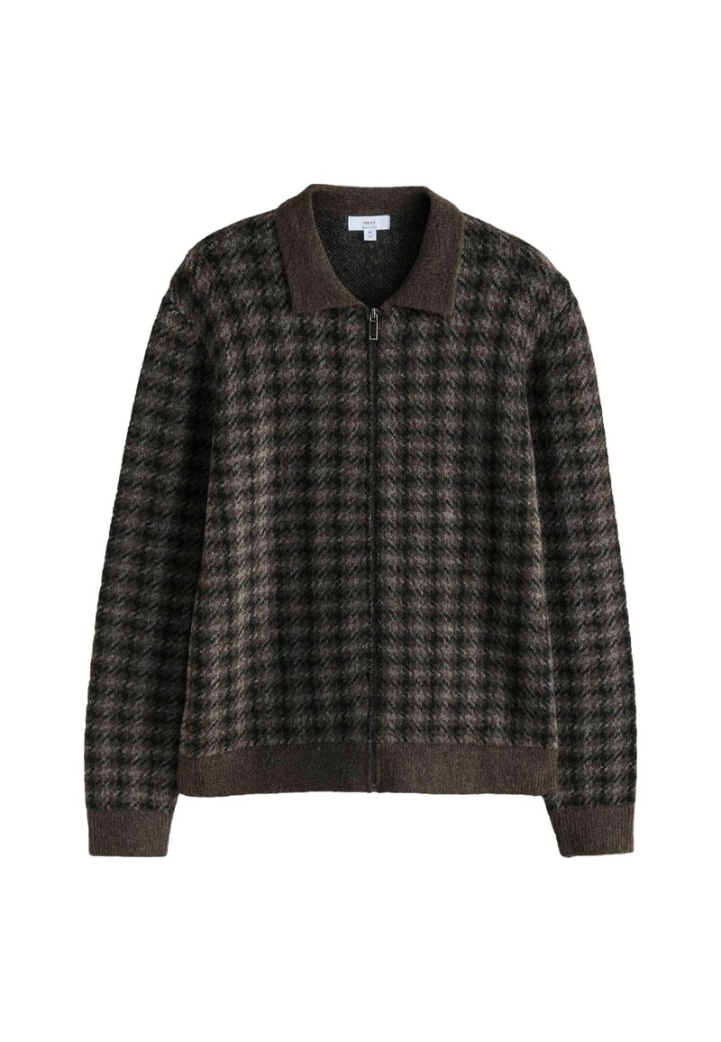 Männer Strickjacke mit Reißverschluss im braun und schwarz karierten Muster, dunkelbrauner Kragen, Bündchen und Saum, Größe M.