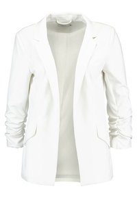 White blazer with long sleeves, notched lapels, and ruched details on sleeves. Features two front pockets and a smooth fabric texture.
