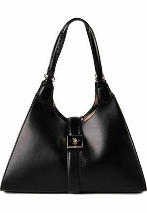 Bolso triangular de cuero negro con doble asa y una correa central con un pequeño cierre decorativo dorado.