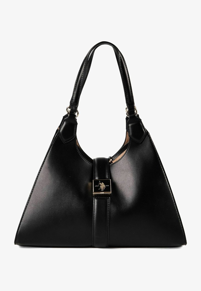 Bolso triangular de cuero negro con doble asa y una correa central con un pequeño cierre decorativo dorado.