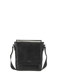 Černá kožená crossbody taška se strukturovaným tvarem, nastavitelným popruhem a nenápadným logem. Hladká textura, minimalistický design.