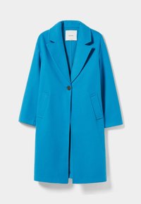 Cappotto blu in misto lana con rever a fessura, chiusura con un bottone e due tasche frontali. Presenta un taglio dritto e nessun motivo visibile.