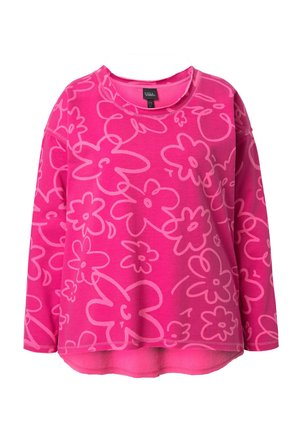 Dlouhý rukáv, růžová mikina s texturovanou tkaninou a celoplošným květinovým vzorem v světlejší růžové barvě. Kulatý výstřih a volný střih.