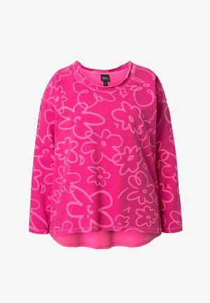 Langærmet, lyserød sweatshirt med tekstureret stof og et gennemgående blomsterprint i en lysere lyserød nuance. Rund halsudskæring og afslappet pasform.