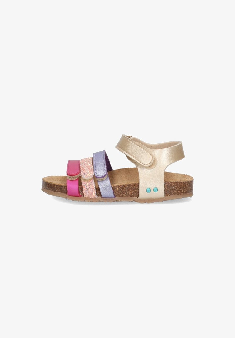 Kindersandalen met een kurken zool. Voorzien van metallic gouden banden met roze, paarse en glinsterende accenten. Verstelbare klittenbandsluitingen.