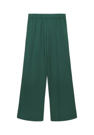 Pantaloni a gamba larga color verde scuro con vita elastica, mostrati distesi su sfondo bianco.