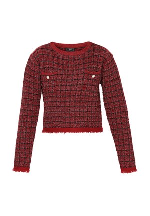 Rød og sort ternet cropped sweater med lange ærmer, to brystlommer og frynset kant; struktureret vævet stof med diskret glans.