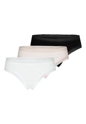 Three lace-trimmed hipster panties stacked, in white, beige, and black colors, displayed on a white background.