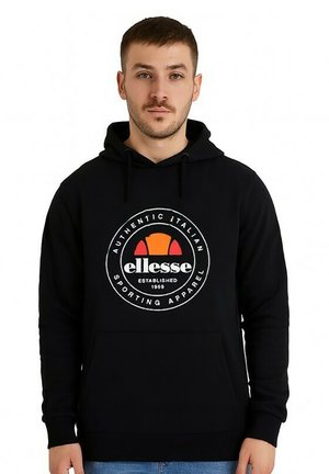 Sweat à capuche noir en mélange de coton. Présente un logo circulaire avec des accents rouges et jaunes. Comprend une poche avant et une capuche à cordon.
