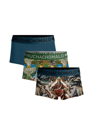Three pairs of boxer briefs: one teal, one green with intricate patterns, and one featuring a detailed artistic design, all with black "MUCHACHOMALO" waistbands.