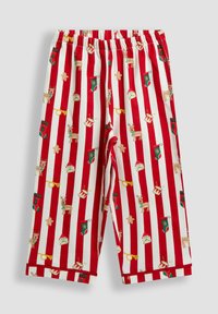 Punavalkoraidalliset housut, joissa on juhlallinen kuvio poroista, sukkasista ja piparkakuista. Valmistettu pehmeästä kankaasta, jossa on joustava vyötärönauha.