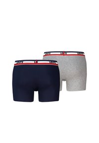 Two Levi's men's boxer briefs, one navy blue and one gray, both with white waistbands featuring red stripes and black Levi's logos.