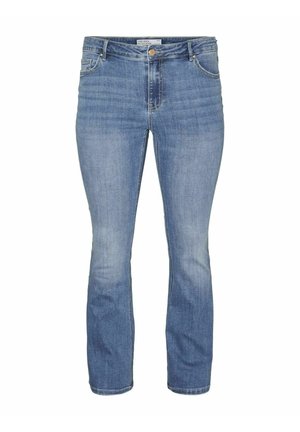 Light blue denim skinny jeans with a mid-rise waist, five pockets, and subtle fading. Features a button closure and belt loops.
